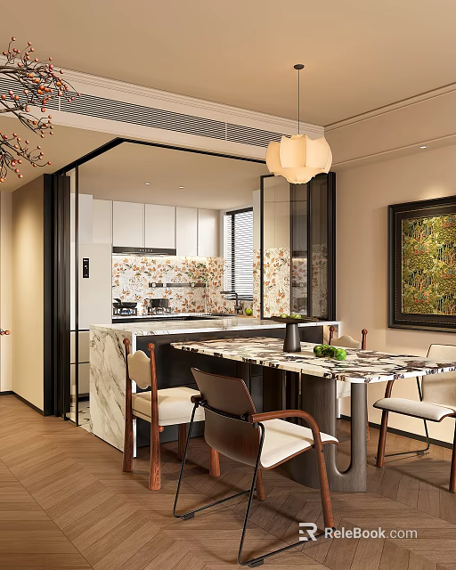 Modern Restaurant Dining Area With Open Kitchen Marble Table Pendant Light And Chairs 3d model