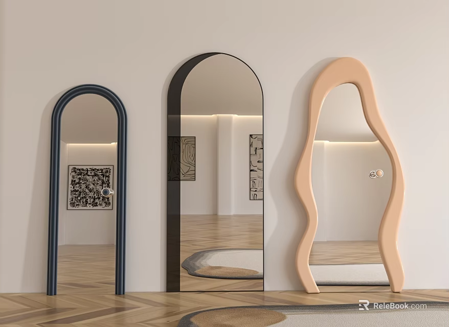 Three Different Shaped Modern Mirrors Featuring Arch And Curved Designs In Interior Room With Wooden Floor 3d model 