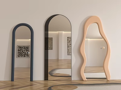 Three Different Shaped Modern Mirrors Featuring Arch And Curved Designs In Interior Room With Wooden Floor 3d model