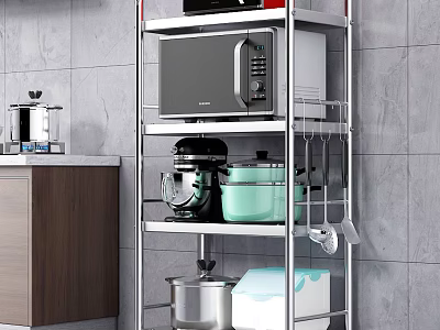 Kitchen Utensils On Metal Shelf With Microwave Rice Cooker And Pots 3d model