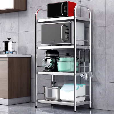 Kitchen Utensils On Metal Shelf With Microwave Rice Cooker And Pots 3d model