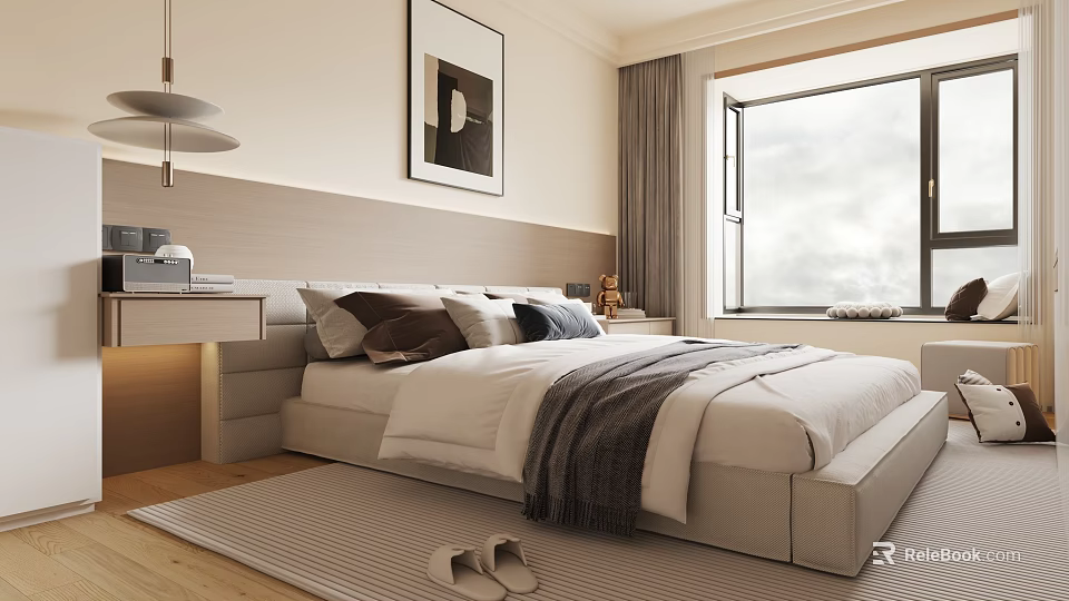 Modern Bedroom Interior With Bed Pillows Blanket Window Curtains Artwork And Rug 3d model 
