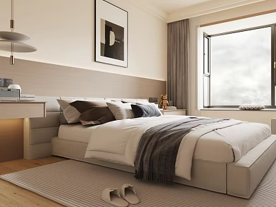 Modern Bedroom Interior With Bed Pillows Blanket Window Curtains Artwork And Rug 3d model