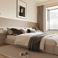 Modern Bedroom Interior With Bed Pillows Blanket Window Curtains Artwork And Rug