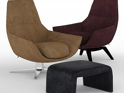 Modern Brown Burgundy Velvet Upholstered Accent Chairs Silver Metal Base With Black Ottoman 3d model