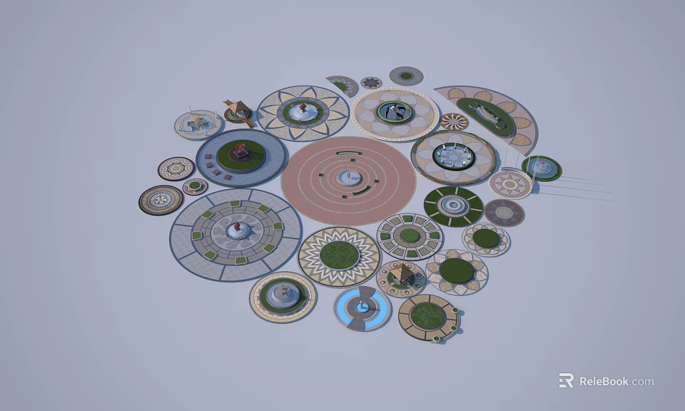 Various Circular Garden Design Layouts With Lawn Paths And Decorative Elements 3d model