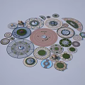 Various Circular Garden Design Layouts With Lawn Paths And Decorative Elements 3d model