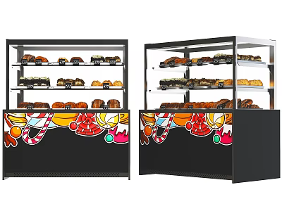 Multi Layer Bakery Display Shelves with Pastries and Vibrant Cartoon Decorations 3d model