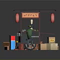 Red Food Cart Setup With Hanging Lanterns Signboard Green Drink Machine And Cardboard Boxes