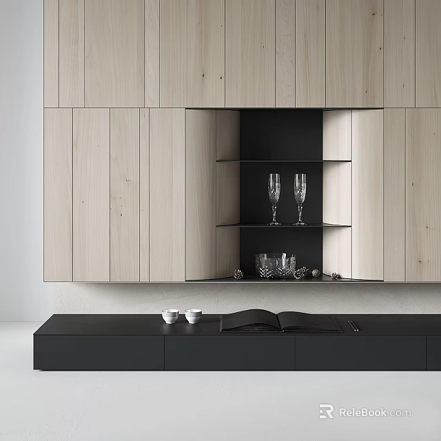 Modern TV Wall With Light Wood Panels Black Open Shelves Glasses And Black TV Stand 3d model 
