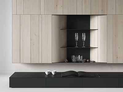 Modern TV Wall With Light Wood Panels Black Open Shelves Glasses And Black TV Stand 3d model