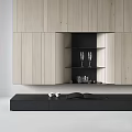 Modern TV Wall With Light Wood Panels Black Open Shelves Glasses And Black TV Stand