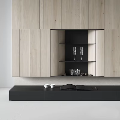 Modern TV Wall With Light Wood Panels Black Open Shelves Glasses And Black TV Stand 3d model