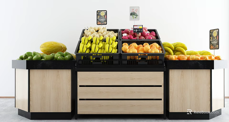 Fruit Display Shelves With Wooden And Black Design Holding Bananas Oranges Onions And Fresh Produce 3d model 