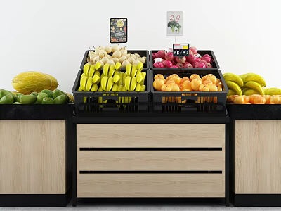 Fruit Display Shelves With Wooden And Black Design Holding Bananas Oranges Onions And Fresh Produce 3d model