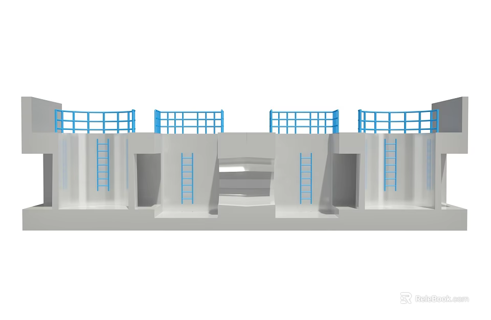 Public Facility Featuring Gray Structure Blue Railings Multiple Compartments And Ladders 3d model 