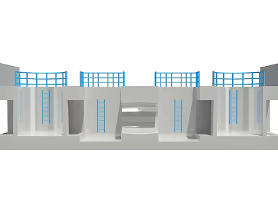 Public Facility Featuring Gray Structure Blue Railings Multiple Compartments And Ladders 3d model