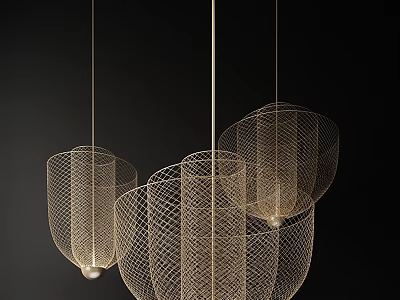 Modern Wire Mesh Chandeliers With Elegant Cage Design Hanging In Black Background 3d model