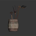 Vintage Industrial Equipment In Wooden Barrel Including Fork Sickle And Tools