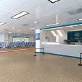 Hospital Waiting Room With Blue Chairs Colorful Floor Stripes White Walls And Info Signs