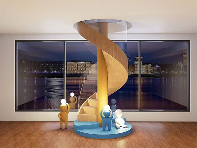Wooden Spiral Staircase With Blue Base Miniature Figures And City Night View Through Large Windows 3d model