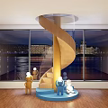 Wooden Spiral Staircase With Blue Base Miniature Figures And City Night View Through Large Windows