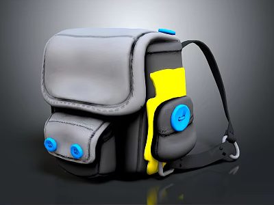 Functional Gray Camera Bag Featuring Yellow Accents Blue Buttons and Black Strap 3d model