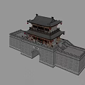 Ancient City Gate Tower Architecture With Gray Brick Walls Wooden Pavilion Red Decorations And Reflection