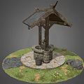 Traditional Garden Well with Wooden Roof Stone Platform Hanging Lantern and Grass Stone Path