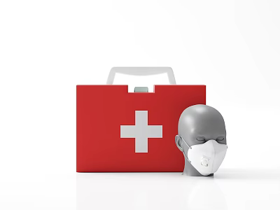 Essential Medical Devices Featuring Red First Aid Kit And Protective Face Mask 3d model