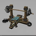 Wooden Frame Fitness Bench Press With Metal Weight Plates And Green Padded Seat