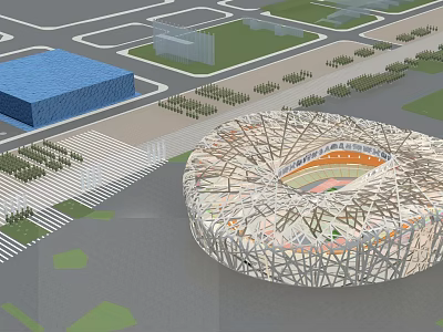 National Stadium 3D Architectural Model With Surrounding Buildings And Green Spaces 3d model