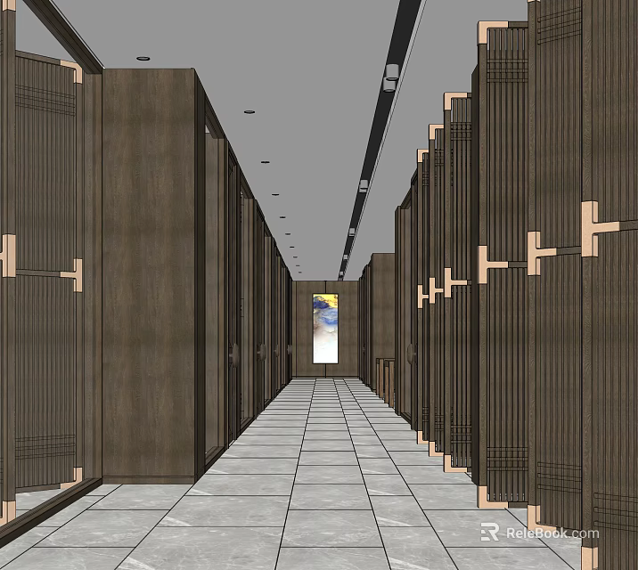 Modern Elevator Hallway Interior With Wooden Panel Walls And Tile Floor Lighting 3d model