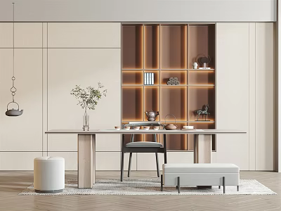 Modern Tea Room Interior With Wooden Shelves Lighting Tea Sets And Long Table 3d model