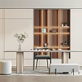 Modern Tea Room Interior With Wooden Shelves Lighting Tea Sets And Long Table