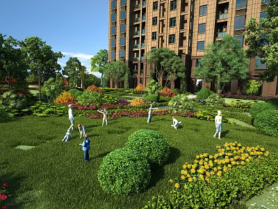 Residential Landscape With High Rise Building Lush Green Lawn Flower Beds And People Activities 3d model