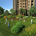 Residential Landscape With High Rise Building Lush Green Lawn Flower Beds And People Activities
