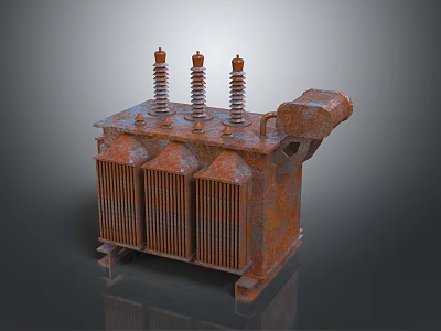 Rusted Industrial Transformer With Three Vertical Coils And Radiator Fins 3d model