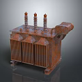 Rusted Industrial Transformer With Three Vertical Coils And Radiator Fins