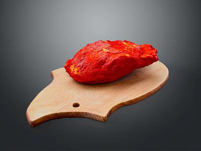 Fresh Raw Red Chicken Piece Placed On Wooden Cutting Board Under Studio Lighting 3d model