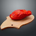 Fresh Raw Red Chicken Piece Placed On Wooden Cutting Board Under Studio Lighting