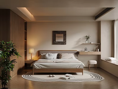 Modern Bedroom Interior Design with Wooden Bed Round Rug Table Lamp Wall Art and Plants 3d model