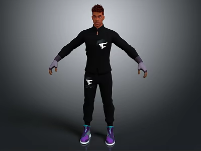 Stylish Black Tracksuit With White Logo Purple Gloves And Sneakers 3d model