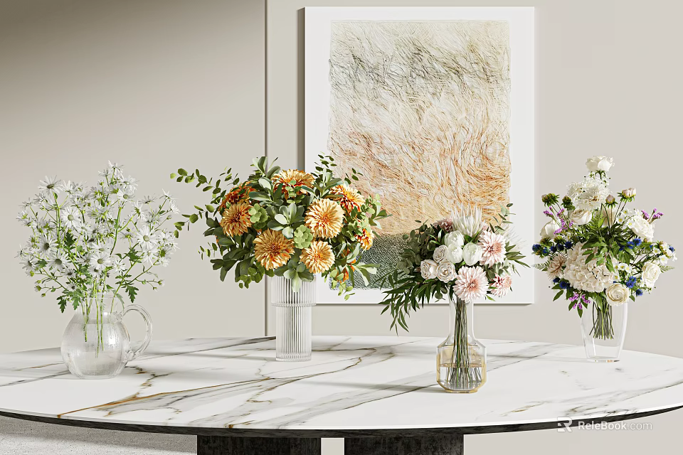 Beautiful Flower Vases On Marble Tabletop With Artwork Background Featuring Various Colorful Flowers 3d model 