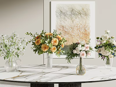 Beautiful Flower Vases On Marble Tabletop With Artwork Background Featuring Various Colorful Flowers 3d model