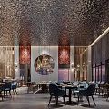 Modern Restaurant Interior Design With Textured Ceiling Sofas Coffee Table And Large Windows