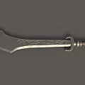 Ornate Medieval Weapon With Silver Carved Blade Brown Handle And Metal Accents