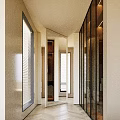 Elegant Modern Walk-in Closet Interior With Glass Doors Open Storage And Blinds