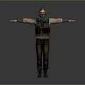 A Man In Hoodie With Mask Tactical Vest Brown Pants Black Boots Arms Outstretched