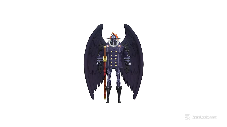 Mysterious Game Movie Character With Black Wings Military Uniform Golden Buttons And Cane 3d model 